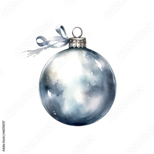 Silver christmas ball on white background in watercolor style.