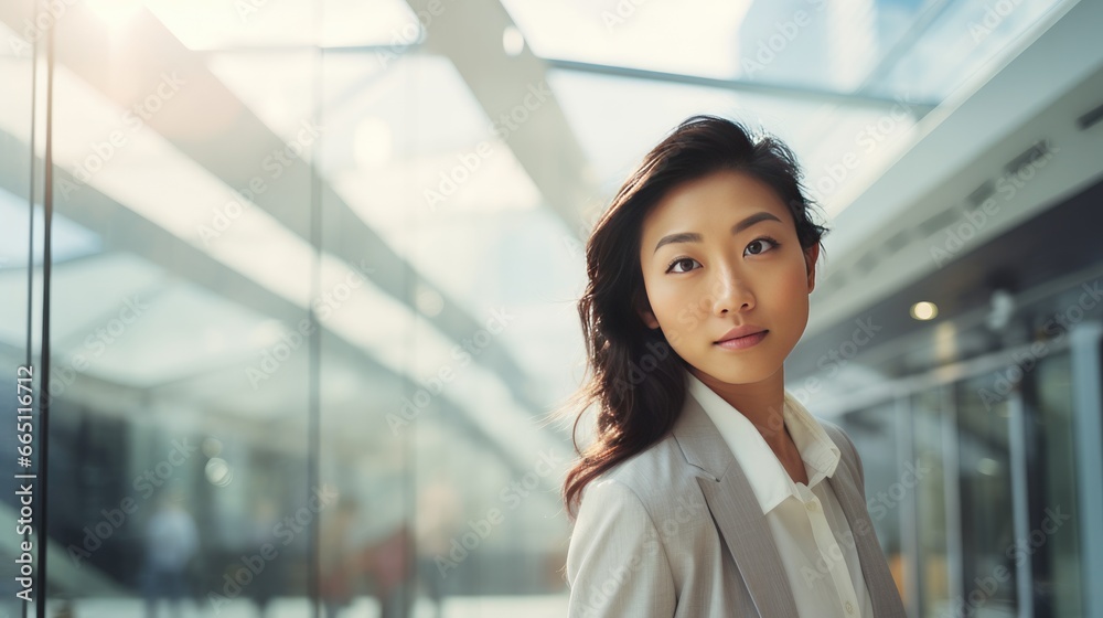 Portrait of a young Asian businesswoman in front of a modern corporate glass building Portrait of a young Asian businesswoman in front of a modern corporate glass building