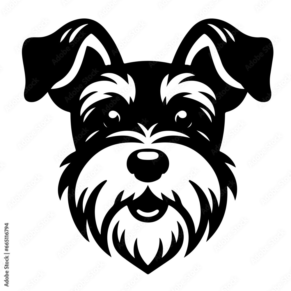 Black and white smiley schnauzer puppy head. Vector icon Isolated in white. - obrazy, fototapety, plakaty 