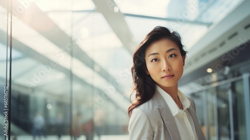 Portrait of a young Asian businesswoman in front of a modern corporate glass building