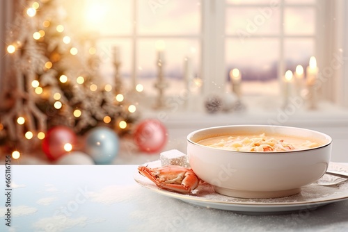 Seafood soup on a Christmas background. Feast of the Seven Fishes.