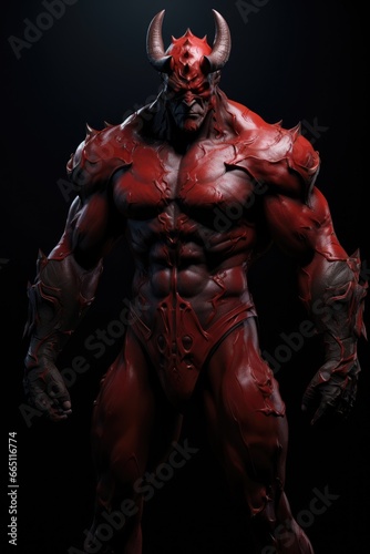 Red devil, demon, Satan, belzebu. Black background. Sharp horns. Halloween concept. Hell, evil, bad. Stern and serious. Extreme muscles. Muscular. Bodybuilder. Full view. Bare chest. Shirtless.  photo