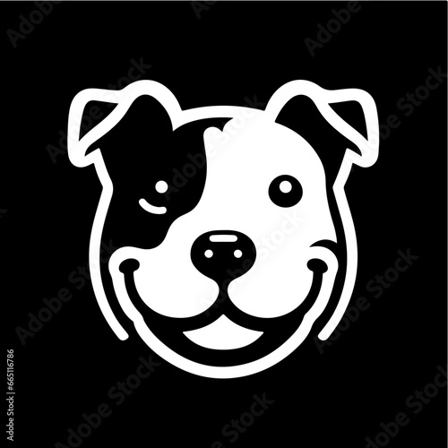 Black and white vector icon of an smiley pit bull terrier puppy head. Isolated in black background.