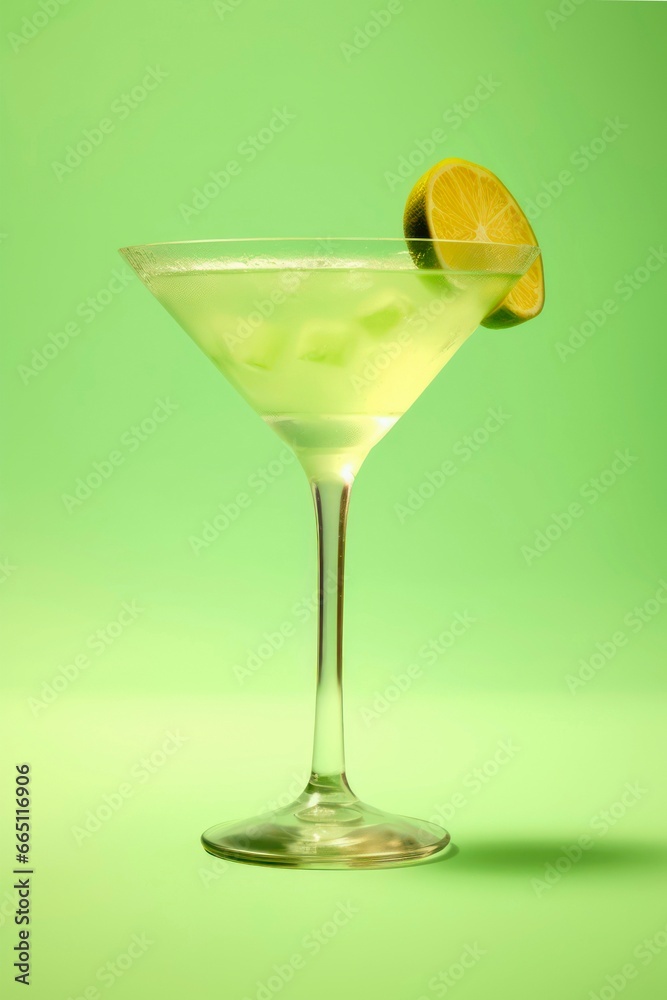 Glass of mojito cocktail decorated with slice of lime on light green background.