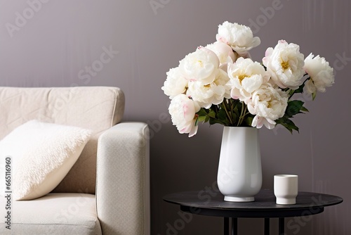 Vase of white peonies with coffee table and armchair near grey wall. © Emran