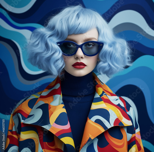 Fashion-forward woman with striking blue curly hair, adorned in trendy sunglasses and a vibrant patterned jacket, captures the essence of pop culture and modern style. Generative AI. photo