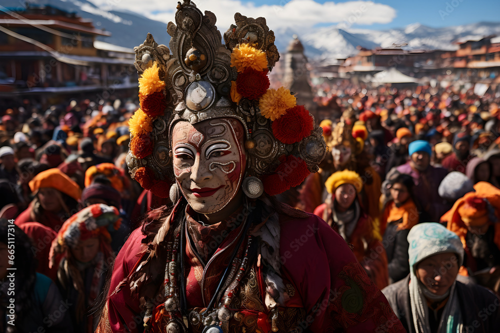 A vibrant display of cultural celebration during Losar, the Tibetan New Year, with a lively costumed parade - obrazy, fototapety, plakaty 