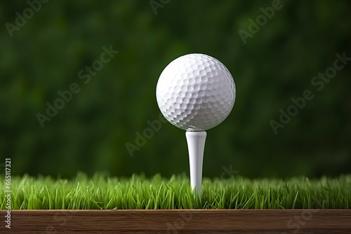 White golf ball on wooden tee with grass.