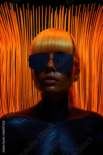 Electrifying portrait of a pop singer illuminated by radiant hues of orange and blue, donning sleek sunglasses. Her confident demeanor is accentuated by cascading light streaks. Generative AI.