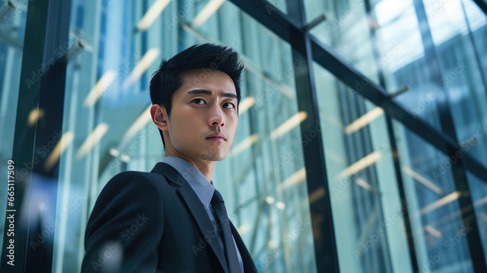 Portrait of a young Asian businessman in front of a modern corporate glass building Portrait of a young Asian businessman in front of a modern corporate glass building