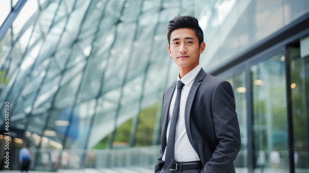 Portrait of a young Asian businessman in front of a modern corporate glass building Portrait of a young Asian businessman in front of a modern corporate glass building