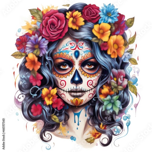 Woman sugar skull with beautiful colored flowers on white background.