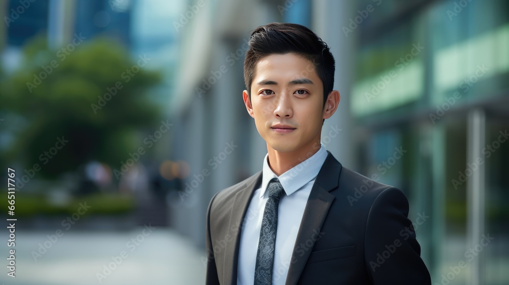 Portrait of a young Asian businessman in front of a modern corporate glass building