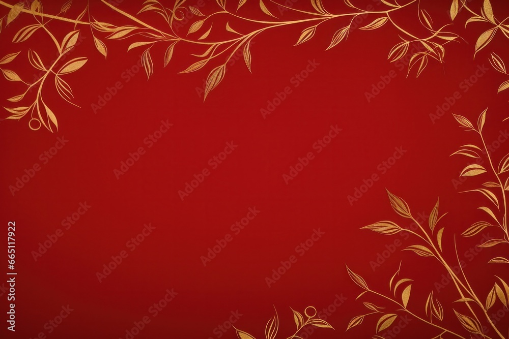 golden elegant Christmas ornament on red background with copy space.Greeting Christmas card. 