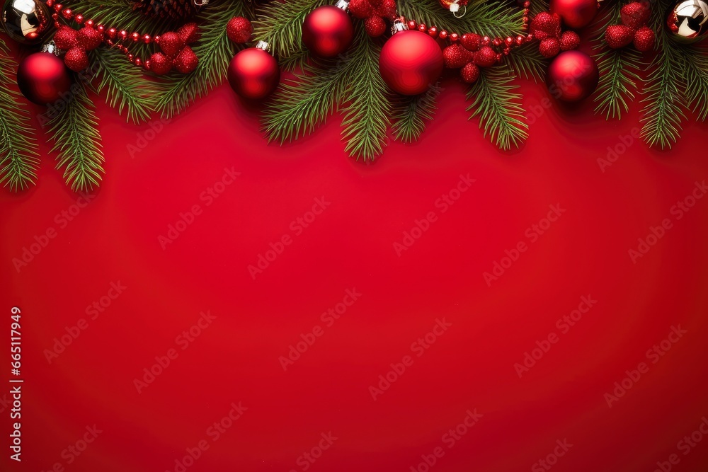 Christmas or New Year red background with fir decor. Christmas or New Year red background with fir decor.