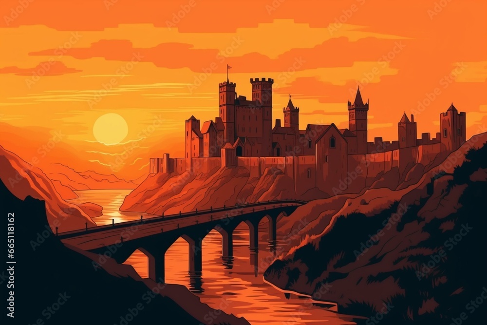 Medieval citadel illustration with bridge crossing, orange sky. Gothic towers, forts & fortifications in historic art. Generative AI