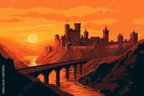 Medieval citadel illustration with bridge crossing, orange sky. Gothic towers, forts & fortifications in historic art. Generative AI