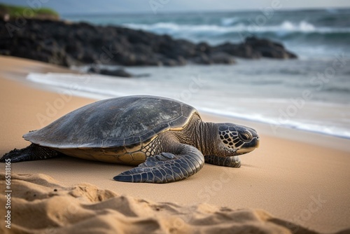 Large turtle resting on the sandy beach with ocean and waves in the backdrop. Generative AI