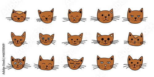 Hand drawn cat muzzle clipart. Cute pet face doodle set
