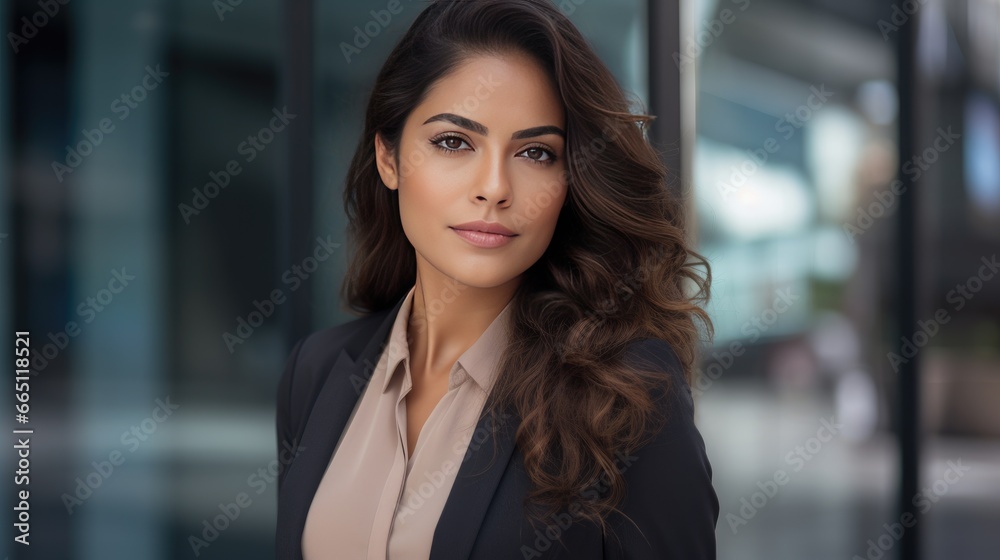 Portrait of a young Mexican businesswoman in front of a modern corporate glass building Portrait of a young Mexican businesswoman in front of a modern corporate glass building