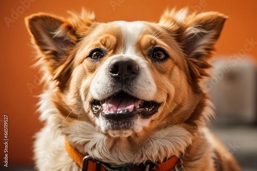  A dog with Sporting pointy ears and a fluffy coat, adorned with an orange collar and silver tag, against a solid orange background.