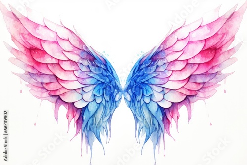 Beautiful magic watercolor blue pink wings.