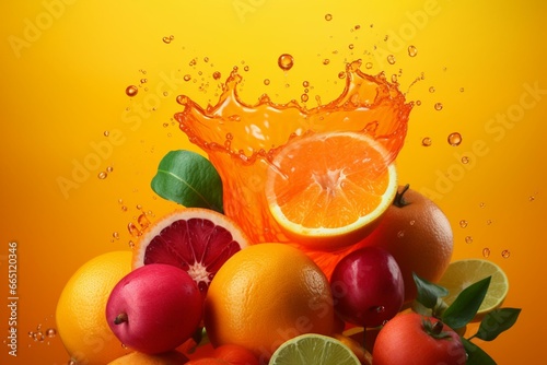 Vibrant juice splashing with water droplets  bursting with colorful healthy fruit content on a refreshing orange background. Generative AI