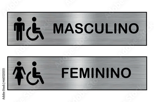 Placas Retângulares Prateadas para Banheiros. Arte com textura metálica para sinalização de sanitários masculinos, femininos e deficiêntes, com detalhes em preto.