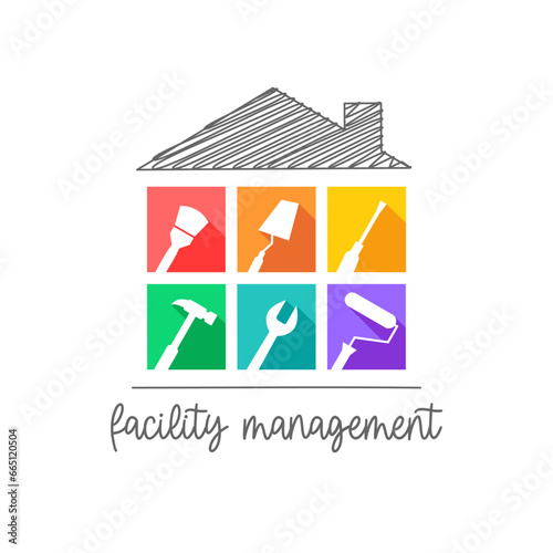 Facility management service with house or building and colorful work tool icon set: paintbrush, trowel, screwdriver, hammer, wrench, paint roller tools, icons. Facilities, property, estate management.