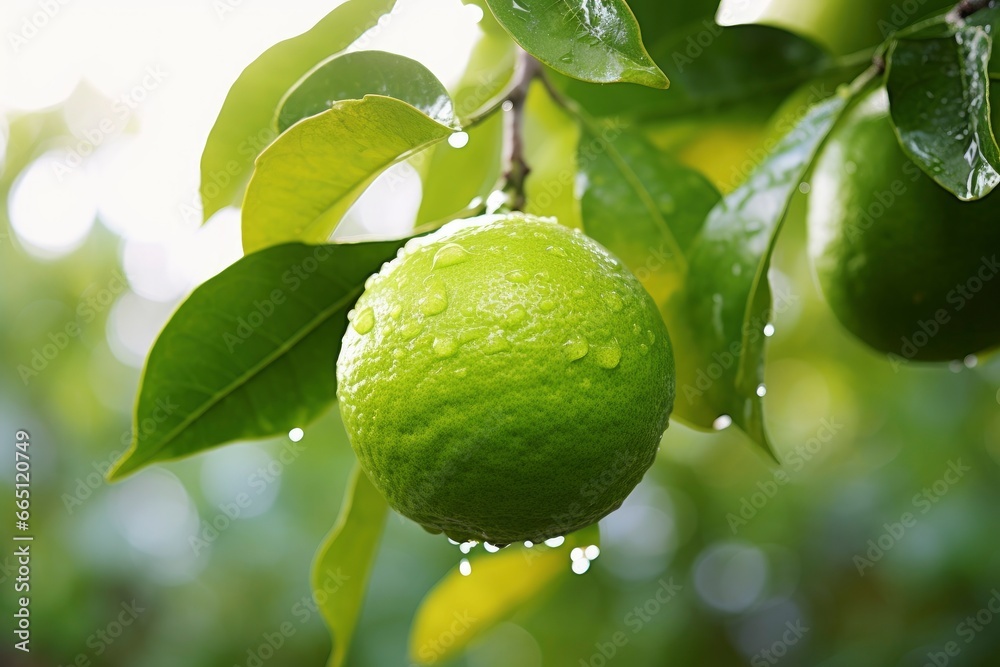 Close up of wet lime on branch.