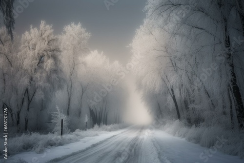 Enchanting winter road with captivating ambiance. Generative AI