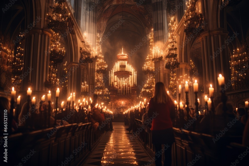 An enchanting image of a historic church illuminated by hundreds of candles during a midnight Christmas service