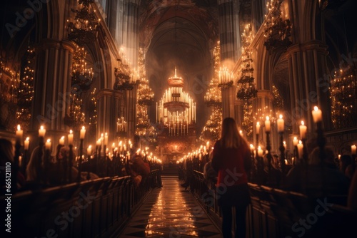 An enchanting image of a historic church illuminated by hundreds of candles during a midnight Christmas service © Hunman
