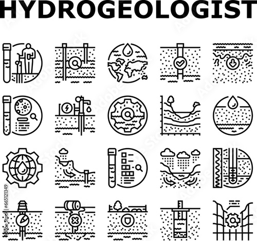hydrogeologist industrial icons set vector. geology industry, pipe drill, man engineering mining, geologist oil, team, data hydrogeologist industrial black contour illustrations