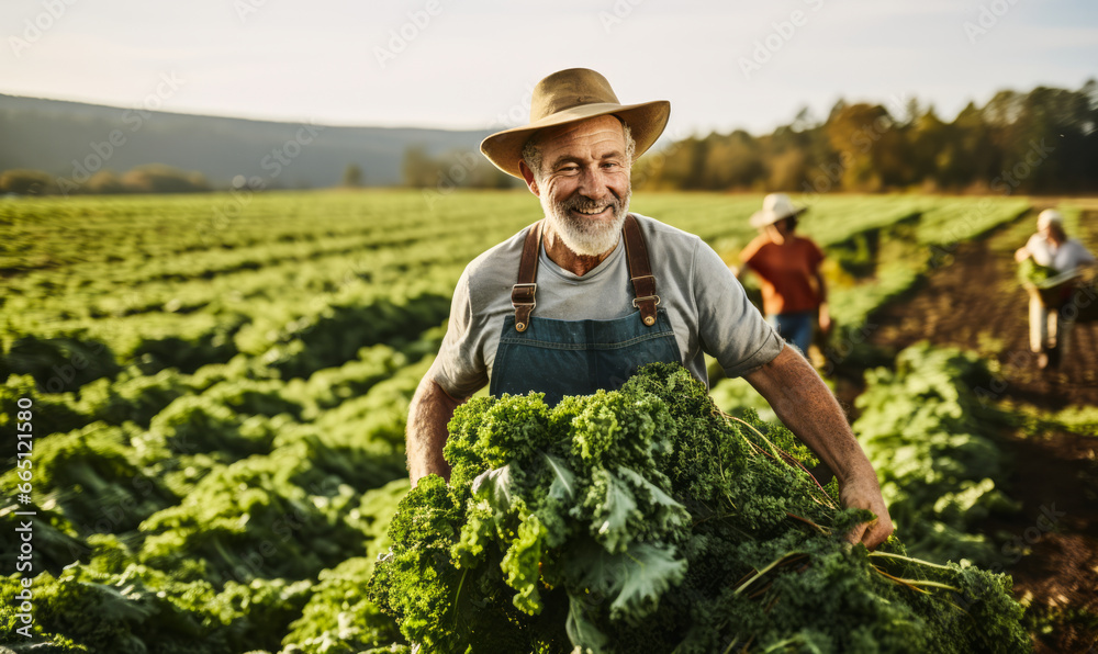 Happy Farmer Proudly Carrying Freshly Harvested Organic Curly Kale in Fall Field