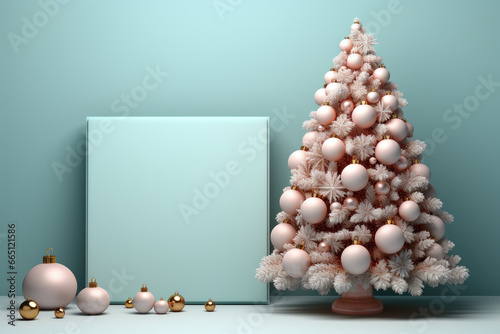 Christmas tree with bauble and gifts decorations. Square canvas in the middle of the background for greetings and holiday wishes. Christmas and new year concept. Best for greeting cards