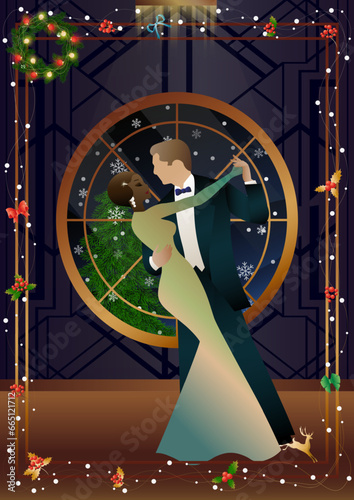 Party. A couple dances in front of a winter window. Holiday. Concept for holiday, winter holidays, New Year, Christmas, creativity and advertising