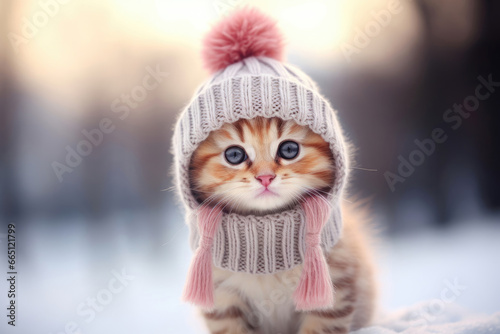 Kitten in a knitted woolen hat in winter photo