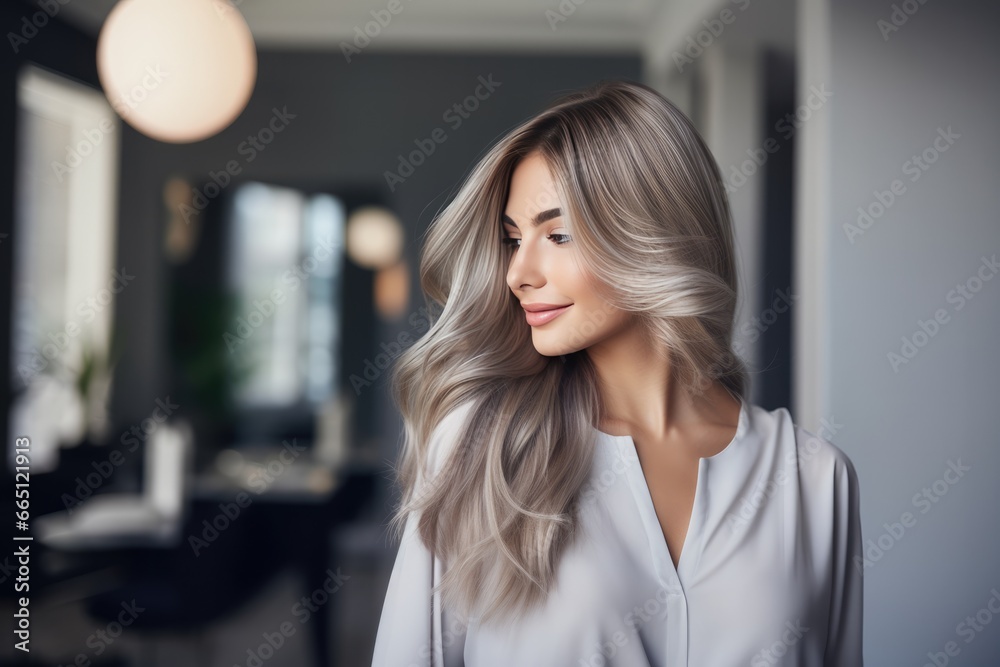 Beautiful hairstyle of woman after dyeing hair and making highlights in hair salon with professional hairstylist.