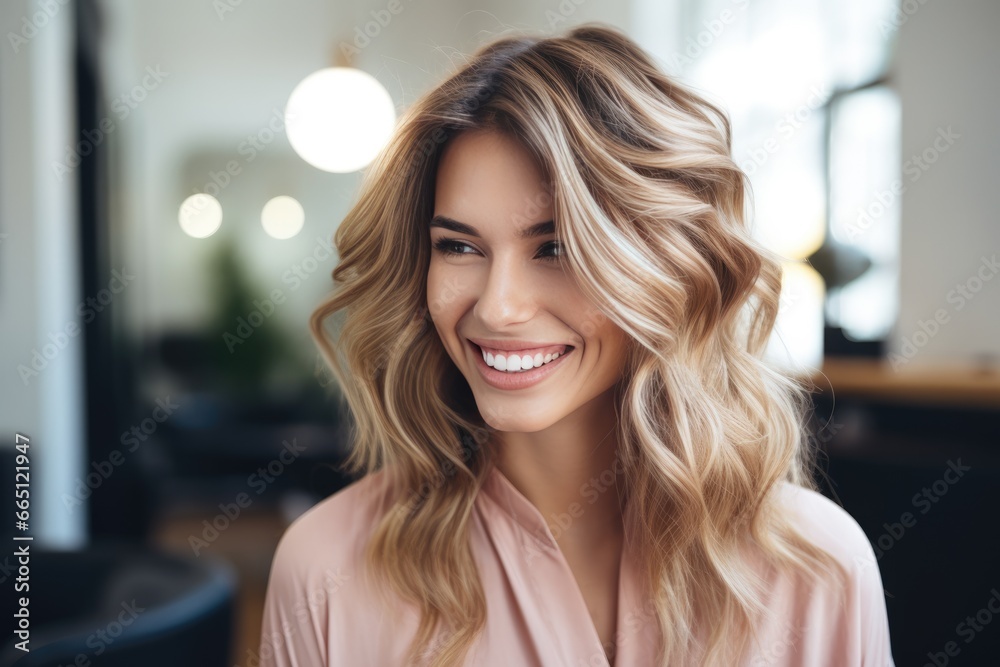 Beautiful hairstyle of woman after dyeing hair and making highlights in hair salon with professional hairstylist. Beautiful hairstyle of woman after dyeing hair and making highlights in hair salon with professional hairstylist.