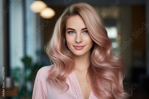 Beautiful hairstyle of woman after dyeing hair and making highlights in hair salon with professional hairstylist.