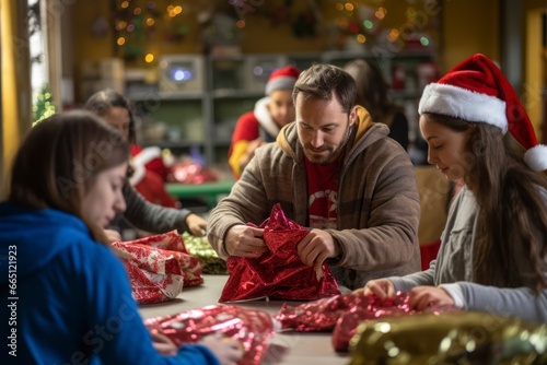 image of a volunteer group wrapping gifts for underprivileged children in a local community center, embodying the spirit of giving and altruism during the Christmas season