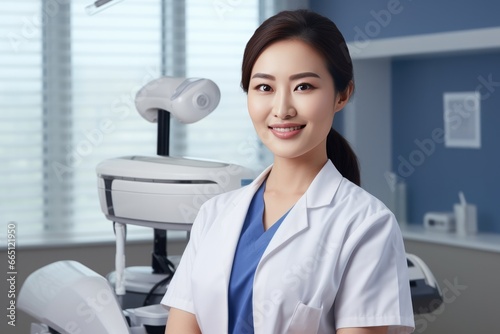 Beautiful Asian doctor woman standing at cosmetological clinic. Aesthetic cosmetology  Healthcare  Clinic  Cosmetology.