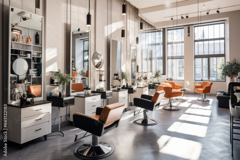 Stylish beauty salon interior. Hairdresser and makeup artist workplaces room.
