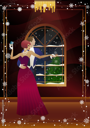 Party. A couple dances in front of a winter window. Holiday. Concept for holiday, winter holidays, New Year, Christmas, creativity and advertising