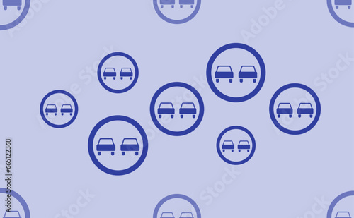 Seamless pattern of large isolated blue no overtaking signs. The pattern is divided by a line of elements of lighter tones. Vector illustration on light blue background