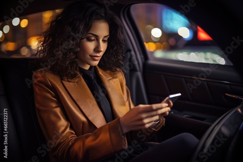 Beautiful businesswoman is commuting from office in a backseat of luxury car at night. Woman in car. © Oulaphone