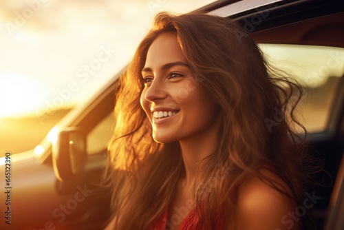Beautiful businesswoman driving vehicle on the road on a bright day. © Oulaphone