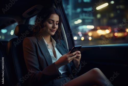 Beautiful businesswoman is commuting from office in a backseat of luxury car at night. Woman in car. © Oulaphone