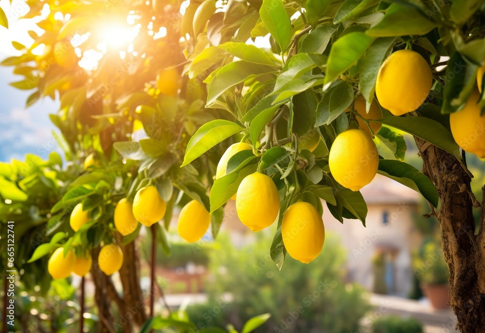 Lemons growing in a sunny garden on Amalfi coast in Italy. Lemons growing in a sunny garden on Amalfi coast in Italy.